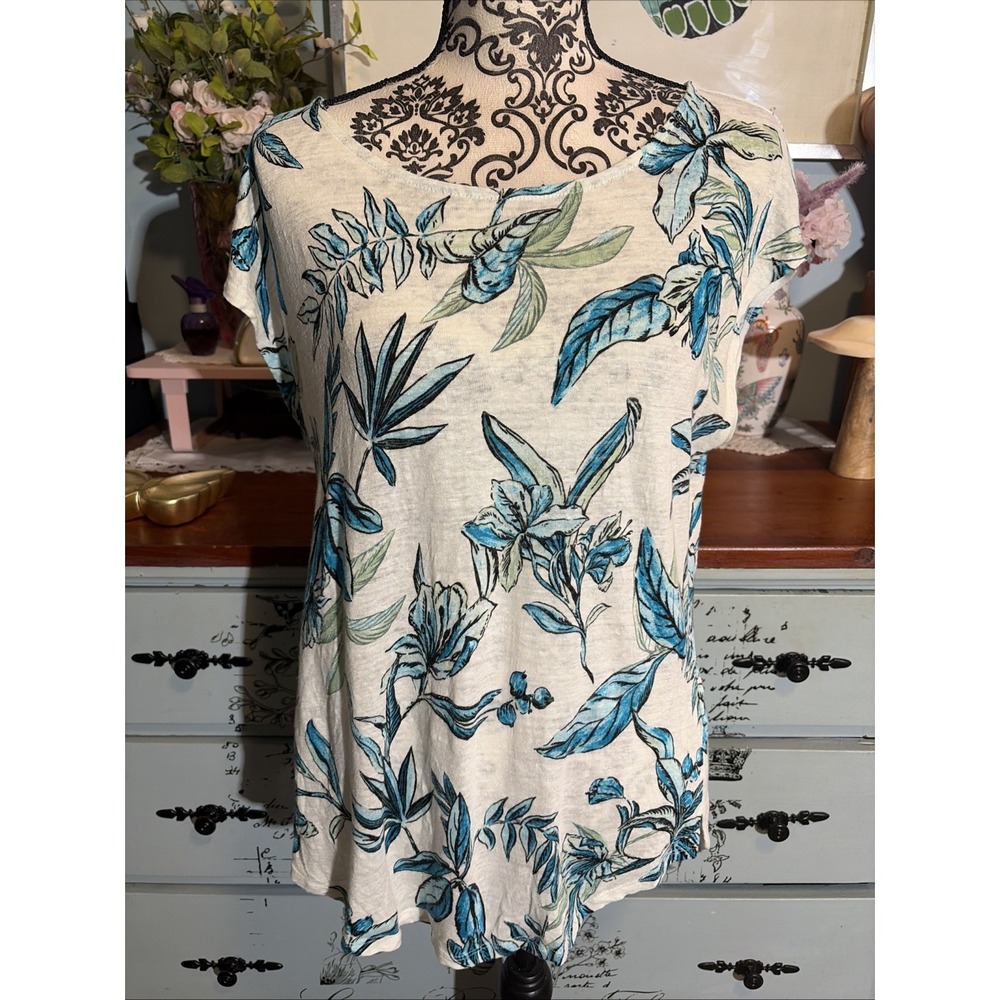 Tahari 100% Linen Cap Sleeve White-Teal Leaf Floral Print T Shirt Top. Sz Large.